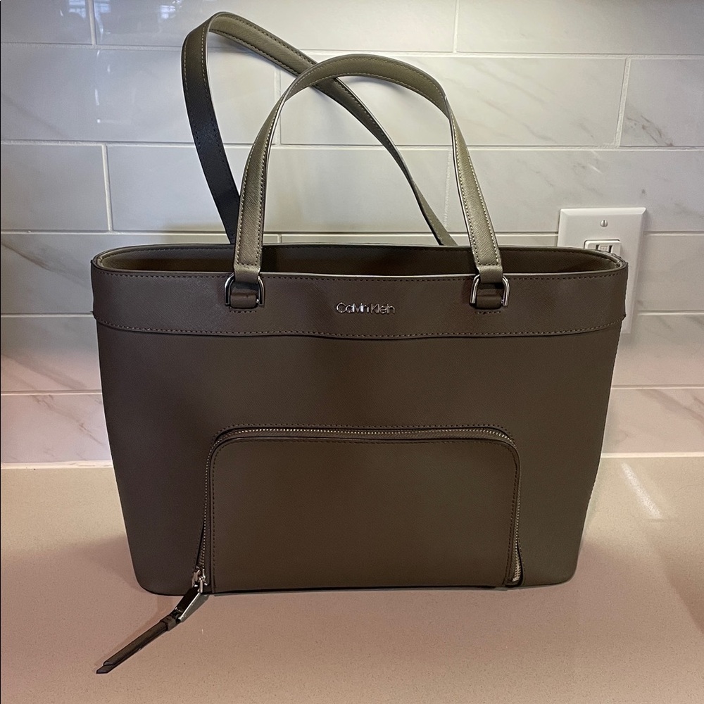 Calvin Klein Louise Saffiano Leather Olive Green Tote Bag